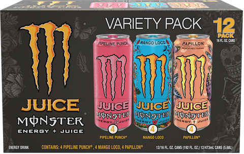 Juice Monster Energy, VP, Mango Loco, Energy + Juice, 16 fl oz + Juice Monster Pipeline Punch, Energy + Juice, 16 fl oz + Juice Monster, Papillon, Juice + Energy Drink, 16 fl oz.