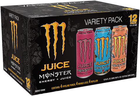 Juice Monster Energy, VP, Mango Loco, Energy + Juice, 16 fl oz + Juice Monster Pipeline Punch, Energy + Juice, 16 fl oz + Juice Monster, Papillon, Juice + Energy Drink, 16 fl oz.