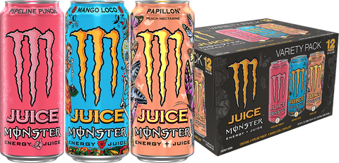Juice Monster Energy, VP, Mango Loco, Energy + Juice, 16 fl oz + Juice Monster Pipeline Punch, Energy + Juice, 16 fl oz + Juice Monster, Papillon, Juice + Energy Drink, 16 fl oz.