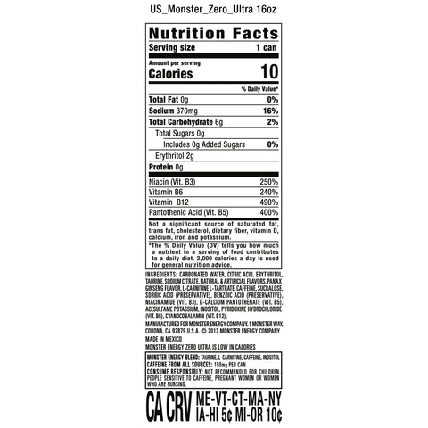 (12 Cans) Monster Zero Ultra, Sugar Free Energy Drink, 16 fl oz
